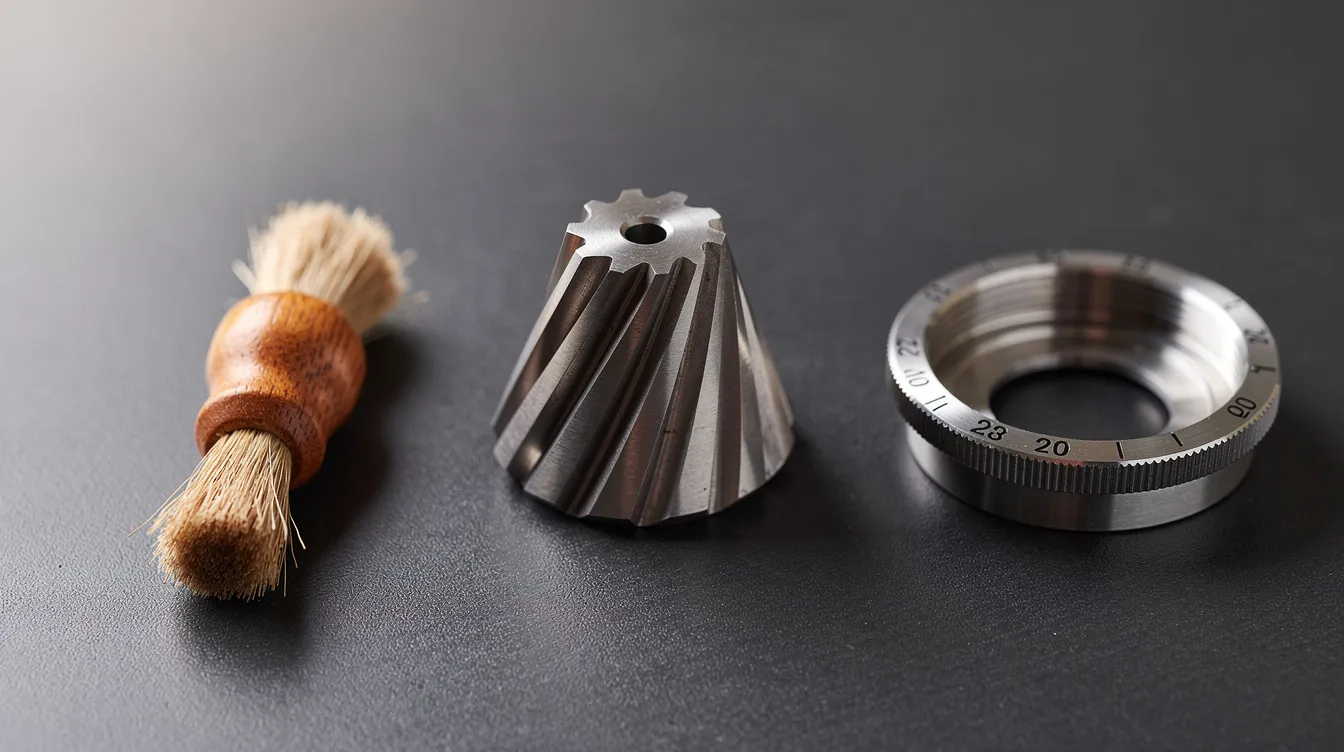 The image features a close-up view of a disassembled manual coffee grinder, highlighting the stainless steel conical burrs, the adjustment ring for grind size, and a small cleaning brush, showcasing essential components for achieving a consistent grind quality in manual grinding. This detailed look is ideal for coffee lovers who appreciate the craftsmanship of their favorite manual coffee grinders.