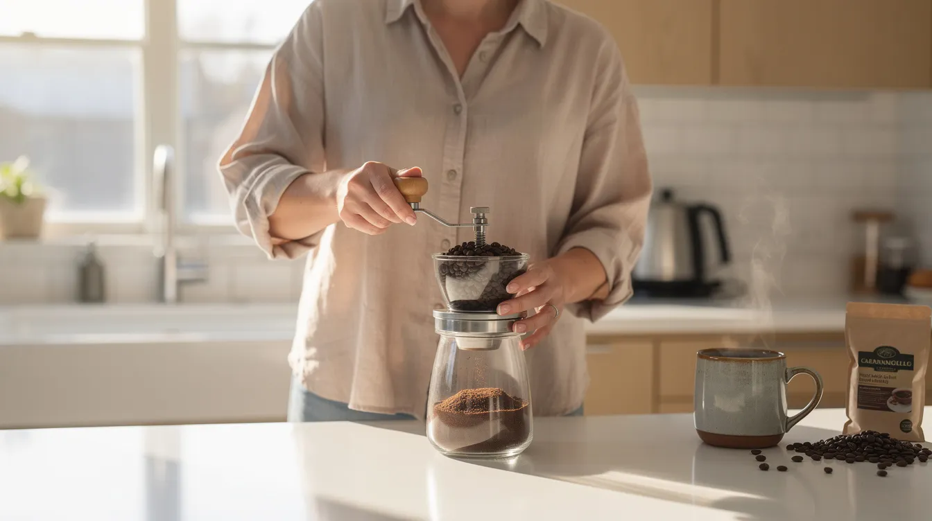 A person is using a hand burr grinder to grind fresh coffee beans in a bright kitchen, surrounded by an inviting atmosphere. The aroma of freshly roasted coffee fills the air, hinting at the rich flavors and sweetness that await in their cup.
