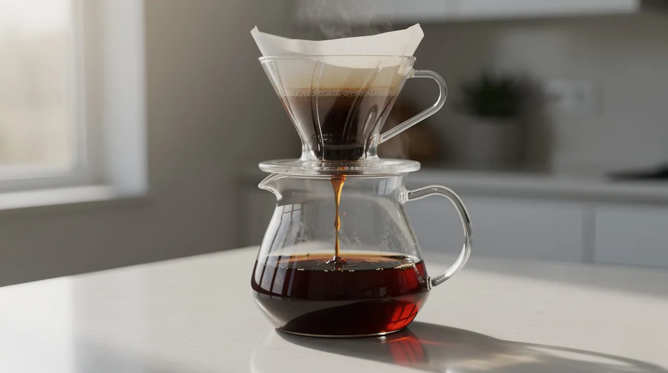A glass pour-over coffee dripper sits on a kitchen counter, with rich coffee dripping into a clear glass carafe below. This brewing method highlights the unique flavors of single origin coffee beans, allowing coffee lovers to appreciate the distinct taste profiles from different regions.