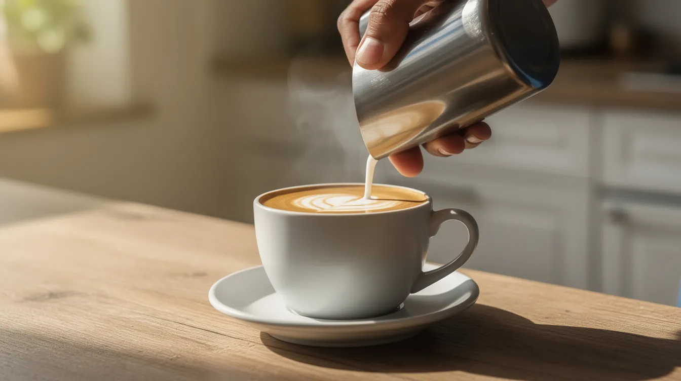 A freshly poured latte with simple latte art sits in a ceramic cup on a rustic wooden kitchen table, showcasing the smooth texture of the frothed milk. This image highlights the artistry of milk steaming, often achieved using espresso machines like the Breville Bambino, perfect for creating delightful milk drinks at home.