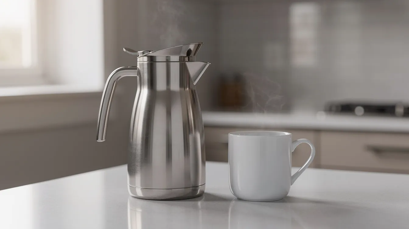 A sleek stainless steel thermal carafe sits on a clean kitchen counter beside a white ceramic mug, ready to serve delicious coffee. This stylish coffee maker is designed for optimal brew temperature and freshness, making it perfect for enjoying a refreshing cup of coffee.