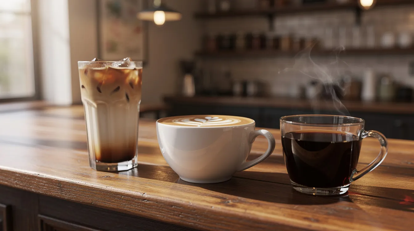 A wooden counter displays a variety of coffee drinks, including a refreshing iced latte topped with a thin layer of milk foam, a beautifully crafted cappuccino featuring intricate foam art, and a simple glass of rich black coffee. These beverages represent popular choices among coffee lovers, showcasing the diverse flavors and textures found in specialty coffee shops.