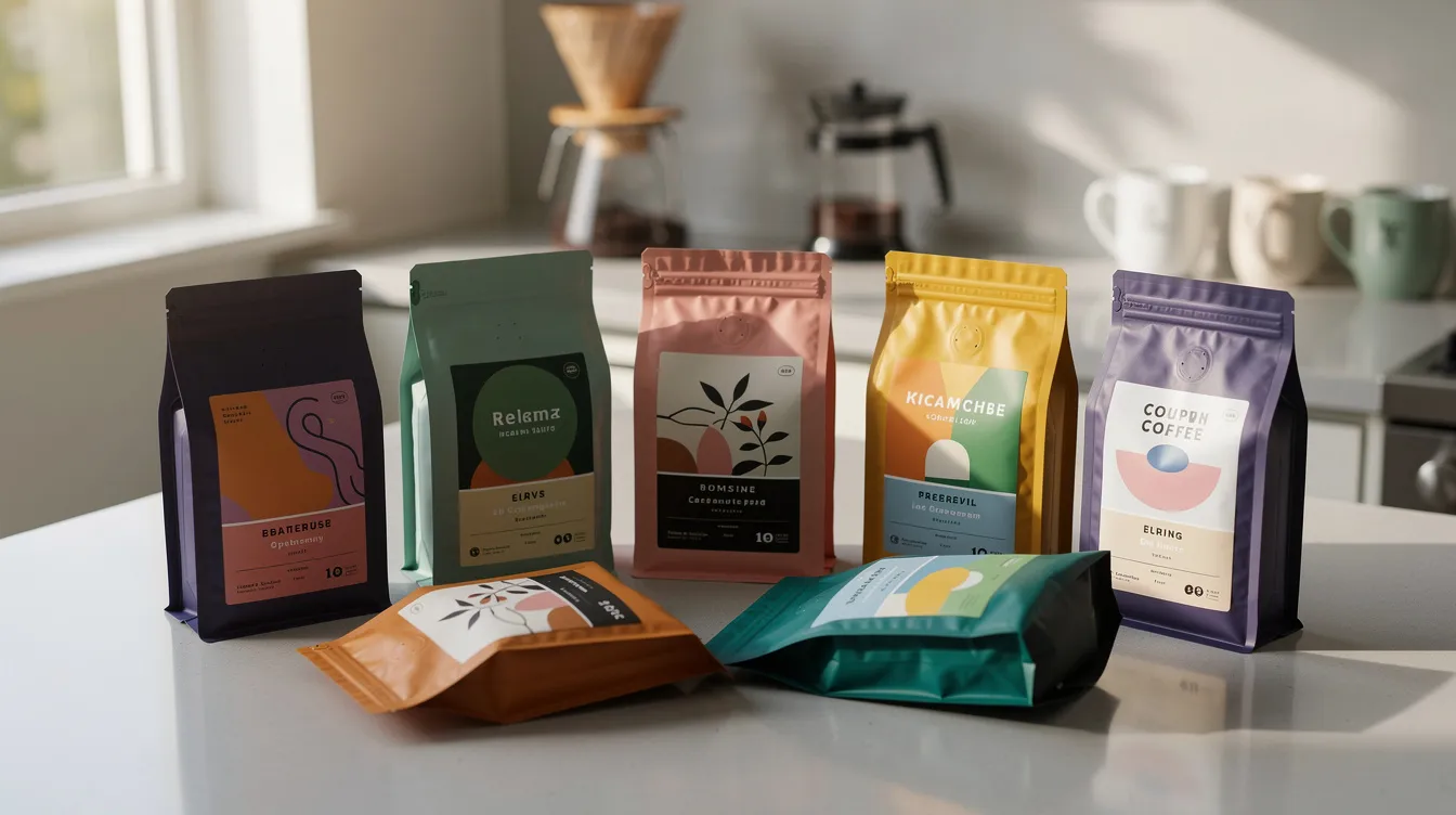 The image features a vibrant collection of specialty coffee bags from various roasters, showcasing a range of colors and designs, spread across a kitchen counter. This assortment is perfect for coffee lovers exploring different coffee subscriptions, such as Trade Coffee and Bean Box, highlighting the diversity of freshly roasted coffee options available.