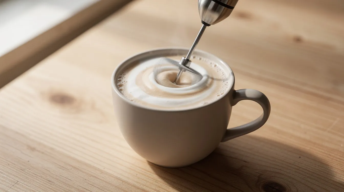 A simple handheld milk frother is whisking milk in a small ceramic cup placed on a wooden table, creating a frothy texture ideal for lattes or cappuccinos. The scene captures the process of frothing milk, showcasing the device's ability to produce velvety foam for hot and cold drinks.