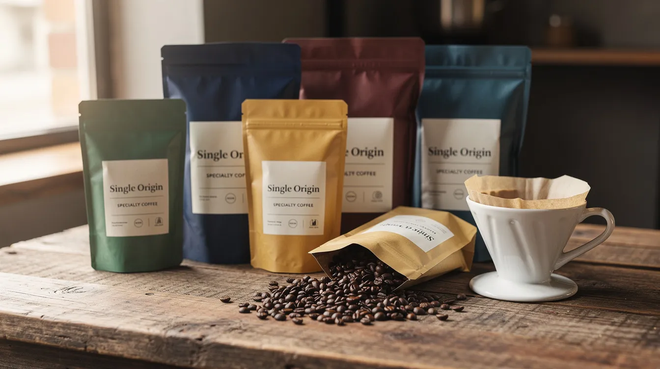 An assortment of specialty coffee bags, showcasing various types of freshly roasted coffee beans, is neatly arranged on a wooden table beside a ceramic pour-over dripper, ideal for coffee lovers seeking the best coffee subscription gifts. The scene captures the essence of a local coffee shop, inviting coffee drinkers to explore different flavors and aromas.