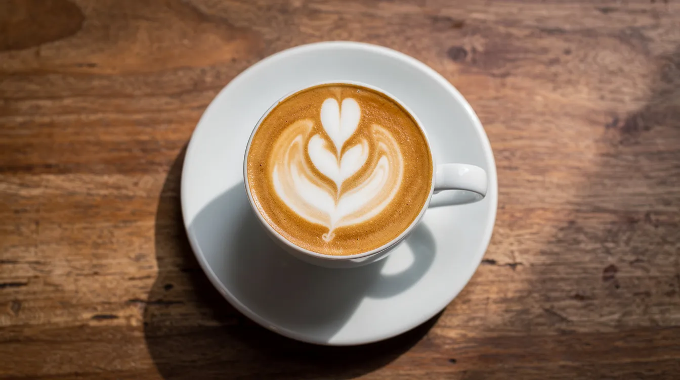 An overhead view captures a freshly poured cappuccino in a ceramic cup, showcasing intricate milk foam art on top, all set against a rustic wooden table. The image highlights the rich textures and colors of the drink, inviting coffee lovers to appreciate the specialty coffee experience.