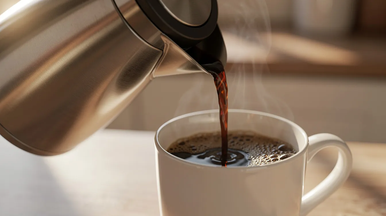 A close-up image shows freshly brewed coffee being poured from a stainless steel thermal carafe into a ceramic mug, highlighting the rich aroma and warmth of the coffee. This scene captures the essence of the brewing process, appealing to coffee lovers who appreciate a good cup of coffee.