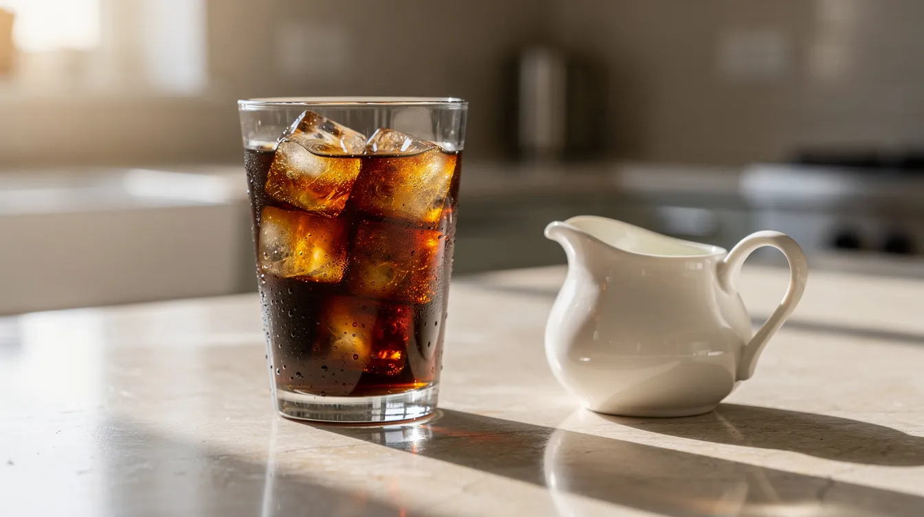 A refreshing glass of iced coffee sits on a sunny kitchen counter, accompanied by a small pitcher of milk, perfect for enhancing the rich flavors of moka pot coffee. The warm light highlights the inviting scene, suggesting a delightful morning brew experience.