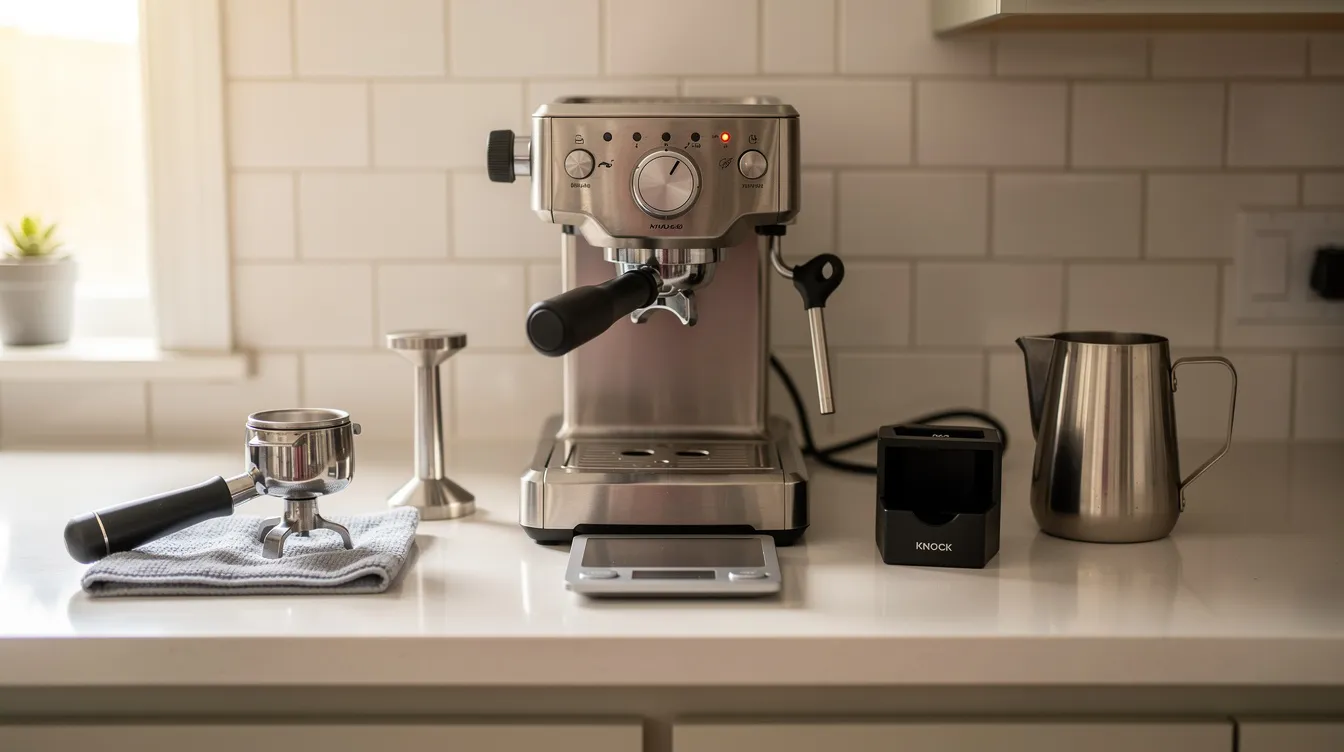 A well-organized home espresso station features a compact espresso machine alongside essential espresso accessories like a portafilter, tamper, scale, knock box, and a stainless steel milk pitcher, all neatly arranged on the kitchen counter for easy access by coffee lovers and home baristas.