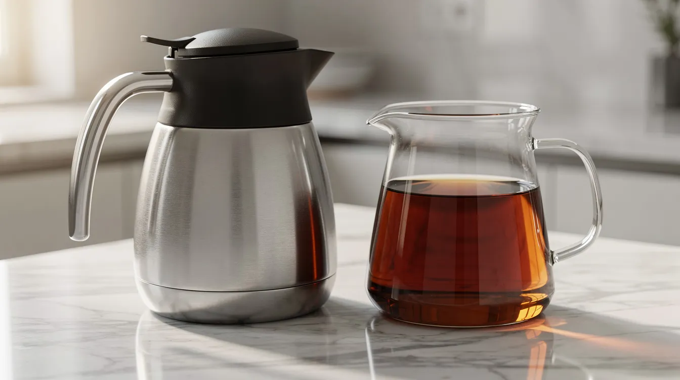 A close-up photograph features two coffee carafes side by side on a marble counter: one is a stainless steel thermal carafe designed to keep coffee hot, while the other is a clear glass carafe that showcases the rich color of brewed coffee. This image highlights the essential gear for coffee drinkers, emphasizing the brewing process and the appeal of both styles for enjoying delicious coffee.