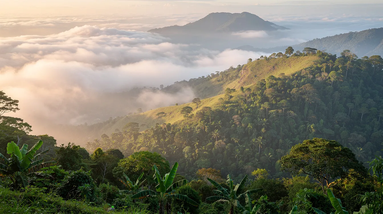 A misty morning view of the Blue Mountains in Jamaica showcases lush green slopes enveloped in soft cloud cover, highlighting the region's beauty and its connection to the production of the world-renowned Jamaican Blue Mountain coffee. The serene landscape evokes a sense of tranquility and hints at the exceptional quality and rich flavors of the coffee beans grown in this prestigious area.