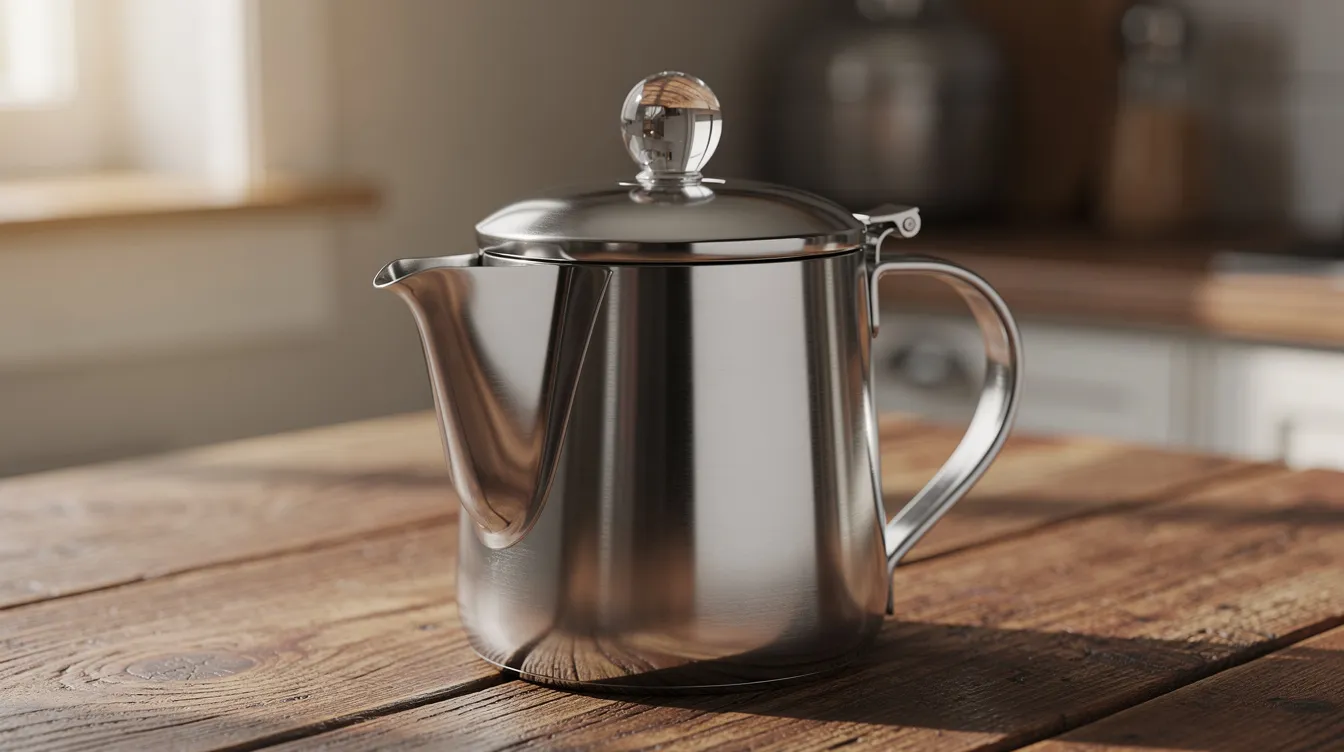 A stainless steel percolator with a glass knob on top rests on a wooden table, showcasing its sleek design ideal for brewing coffee. This stovetop coffee percolator is perfect for making a strong cup of percolated coffee, enhancing your brewing experience.