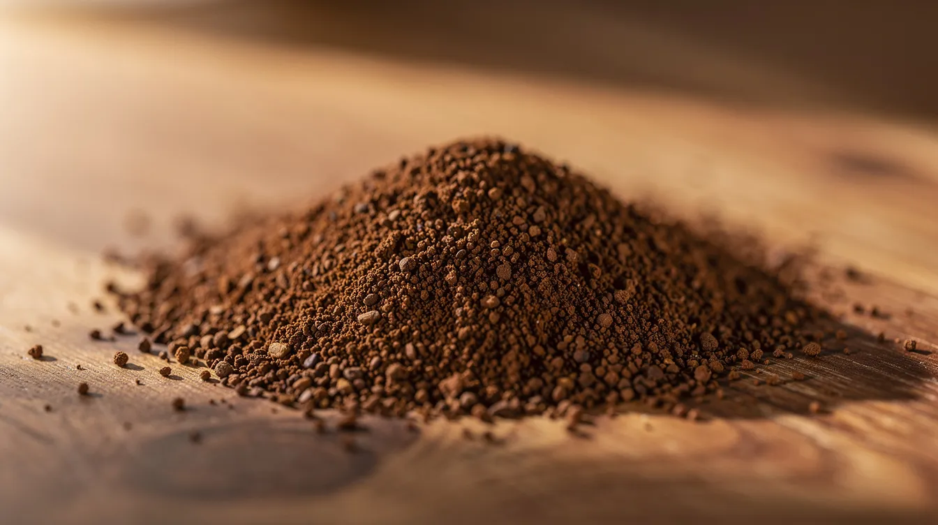 A close-up photo showcases freshly ground coffee on a wooden countertop, highlighting the uniform particle sizes that indicate a consistent grind quality. This even grind, achieved through a burr grinder, ensures optimal flavor extraction for various brewing methods, enhancing the coffee experience.