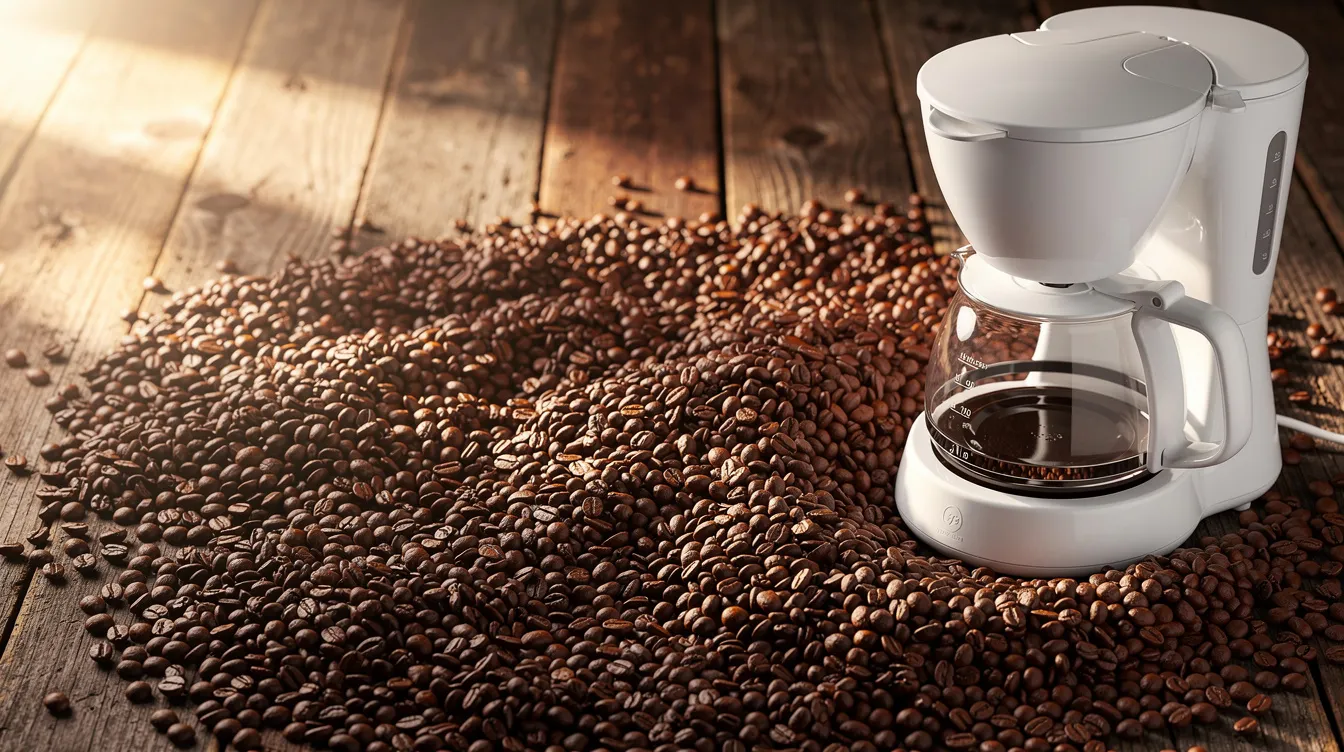 The image features whole coffee beans scattered across a wooden surface, accompanied by a sleek white drip coffee maker, ideal for coffee drinkers seeking the best brewing experience. This setup highlights the essentials for making great tasting coffee at home.