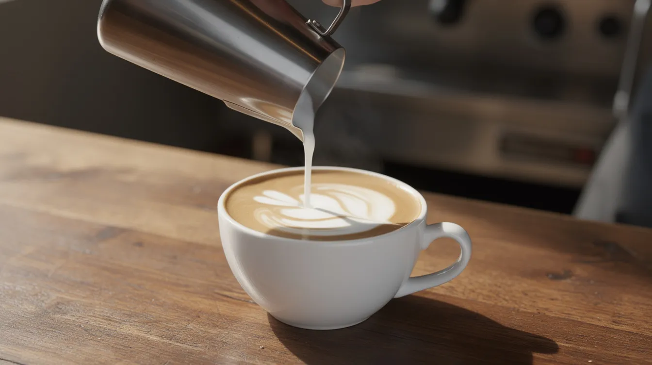 A skilled barista is pouring intricate latte art from a stainless steel milk pitcher into a ceramic cup, all set on a warm wooden countertop. The scene captures the artistry of milk frothing, highlighting the beauty of coffee drinks created with high-end espresso machines.