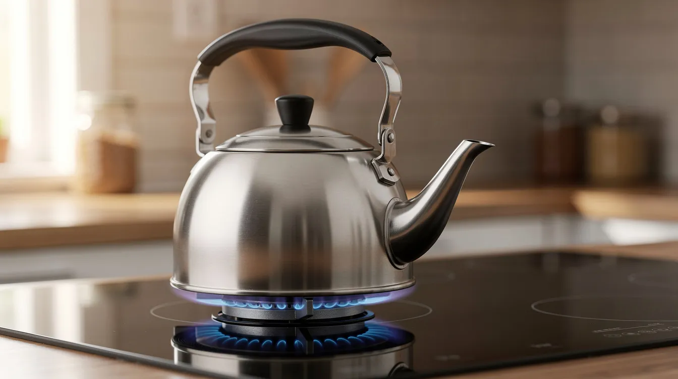A stainless steel stovetop gooseneck kettle is positioned on a lit gas burner in a kitchen, showcasing its elegant design and gooseneck spout, ideal for precise temperature control while brewing pour over coffee or tea. The kettle's sleek surface reflects the warm glow of the flame, emphasizing its functionality and aesthetic appeal.