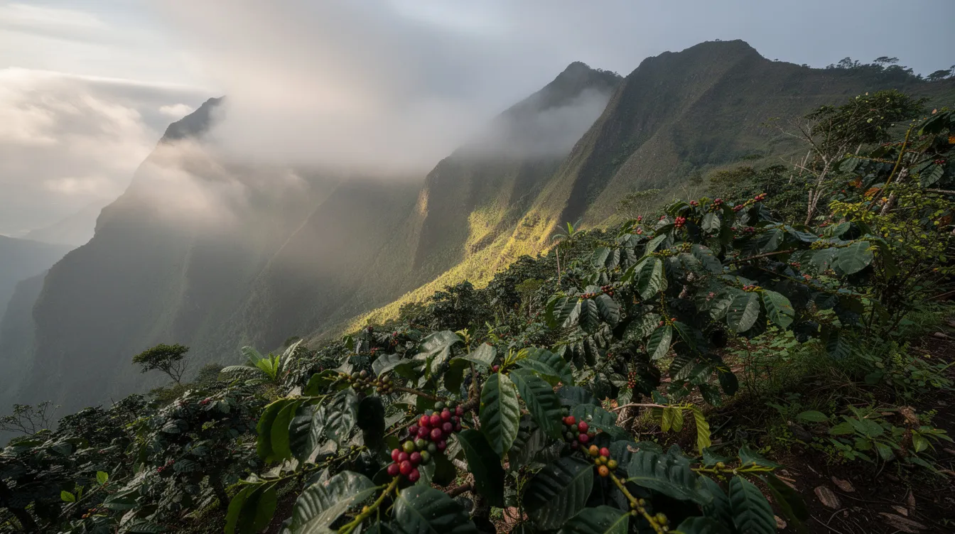 The image depicts lush green coffee plants thriving on a steep mountainside, with misty volcanic peaks looming in the background. This scene highlights the rich volcanic soil that contributes to the complex flavors of Colombian and Guatemalan coffee, appealing to coffee enthusiasts around the world.