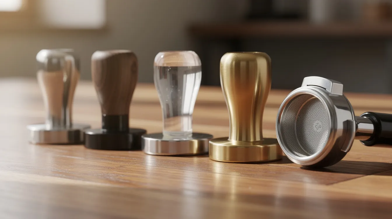 The image showcases several espresso tampers of various styles and materials, including classic and spring-loaded designs, arranged neatly on a wooden counter beside a portafilter filled with ground coffee. Each tamper is designed to help achieve a perfectly level tamp, essential for the espresso preparation process.