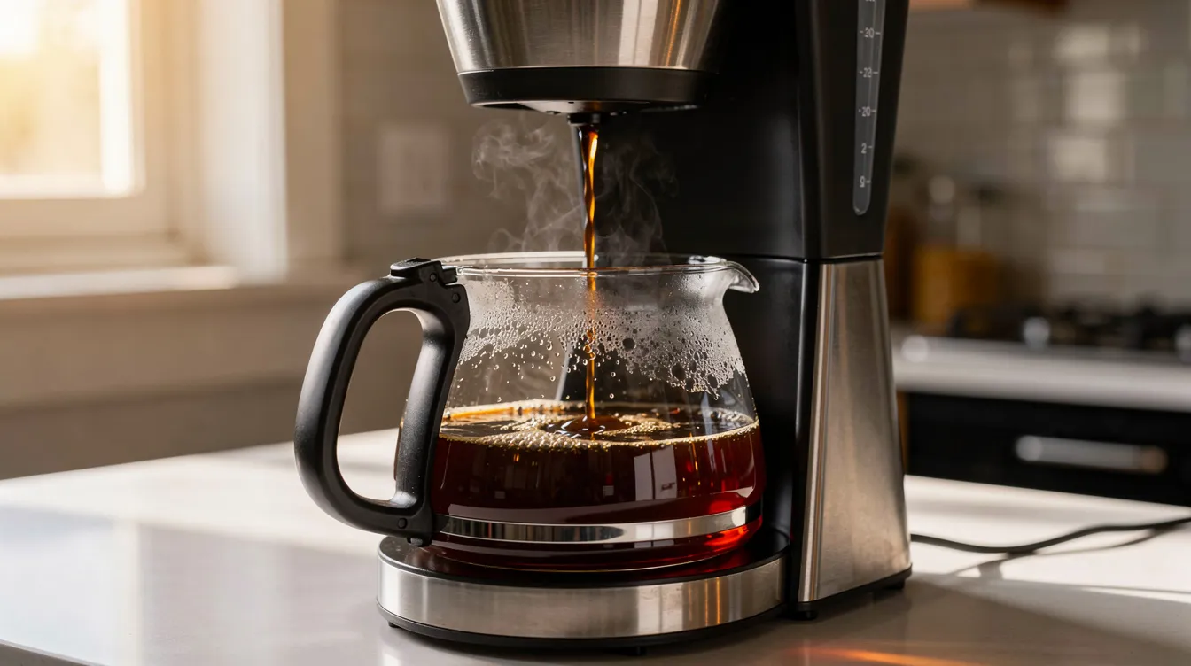 A drip coffee maker is seen pouring freshly brewed coffee into a glass carafe on a kitchen counter, showcasing the brewing process of traditional coffee. The rich brown liquid fills the carafe, highlighting the coffee maker's ability to brew large batches of flavorful coffee.