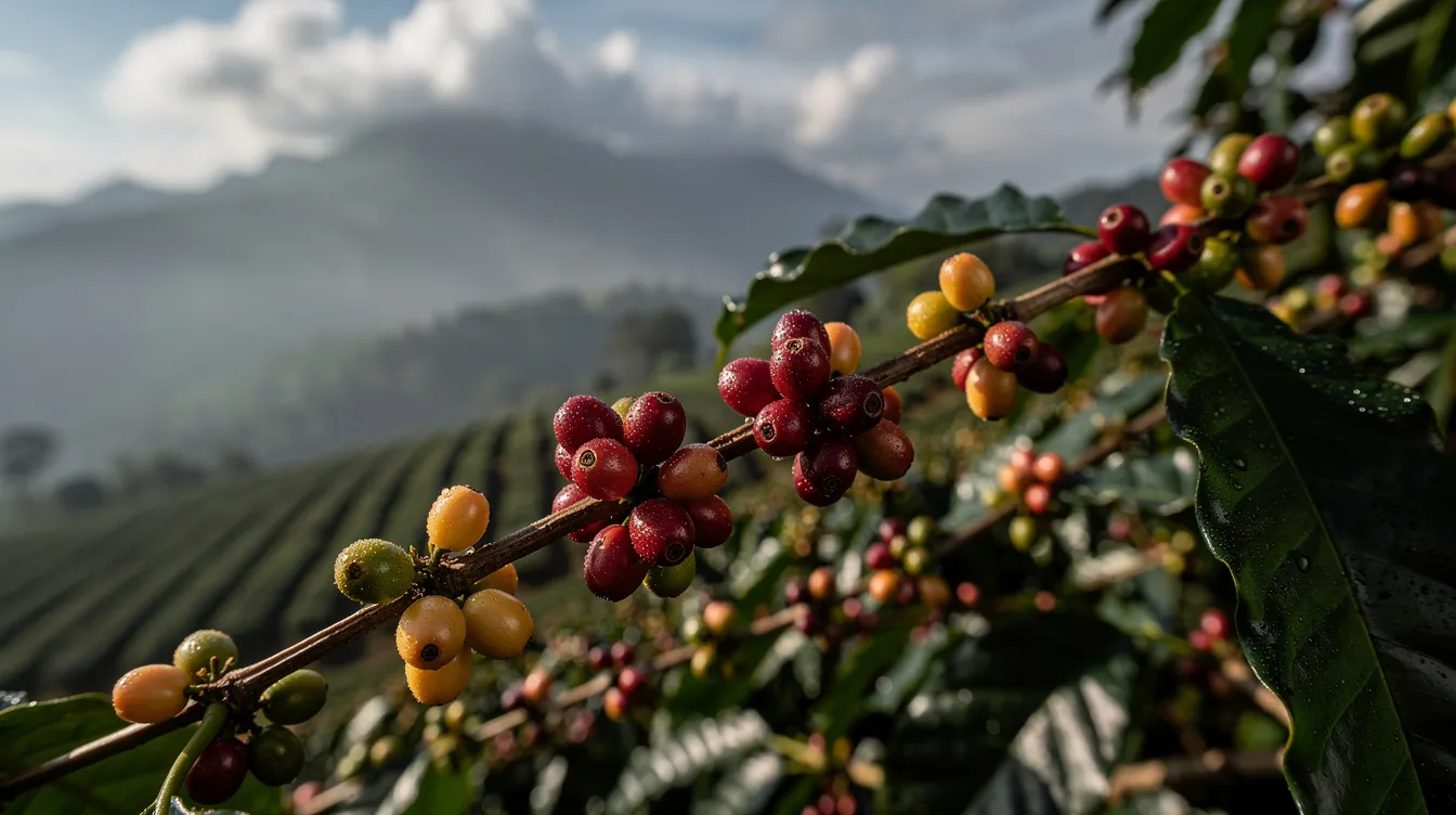 The image showcases vibrant coffee cherries ripening on branches at a high-altitude Costa Rican coffee plantation, surrounded by lush green mountains. This picturesque scene highlights the perfect environment for coffee cultivation, contributing to the rich flavors and bright acidity found in Costa Rican coffee.