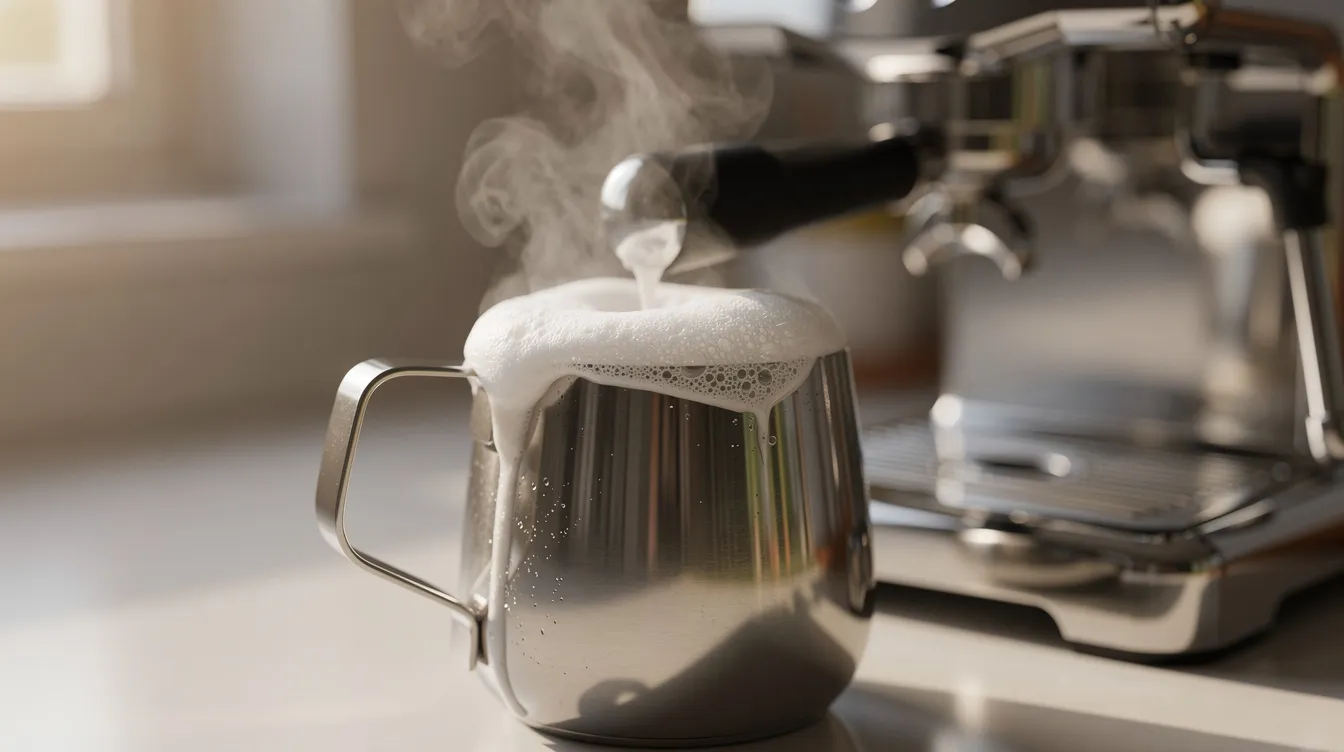 An espresso machine is actively steaming milk, creating microfoam in a stainless steel pitcher on a kitchen counter, ideal for crafting milk-based drinks like lattes. The scene captures the essence of coffee preparation, showcasing the importance of high-quality coffee beans and the artistry behind espresso beverages.