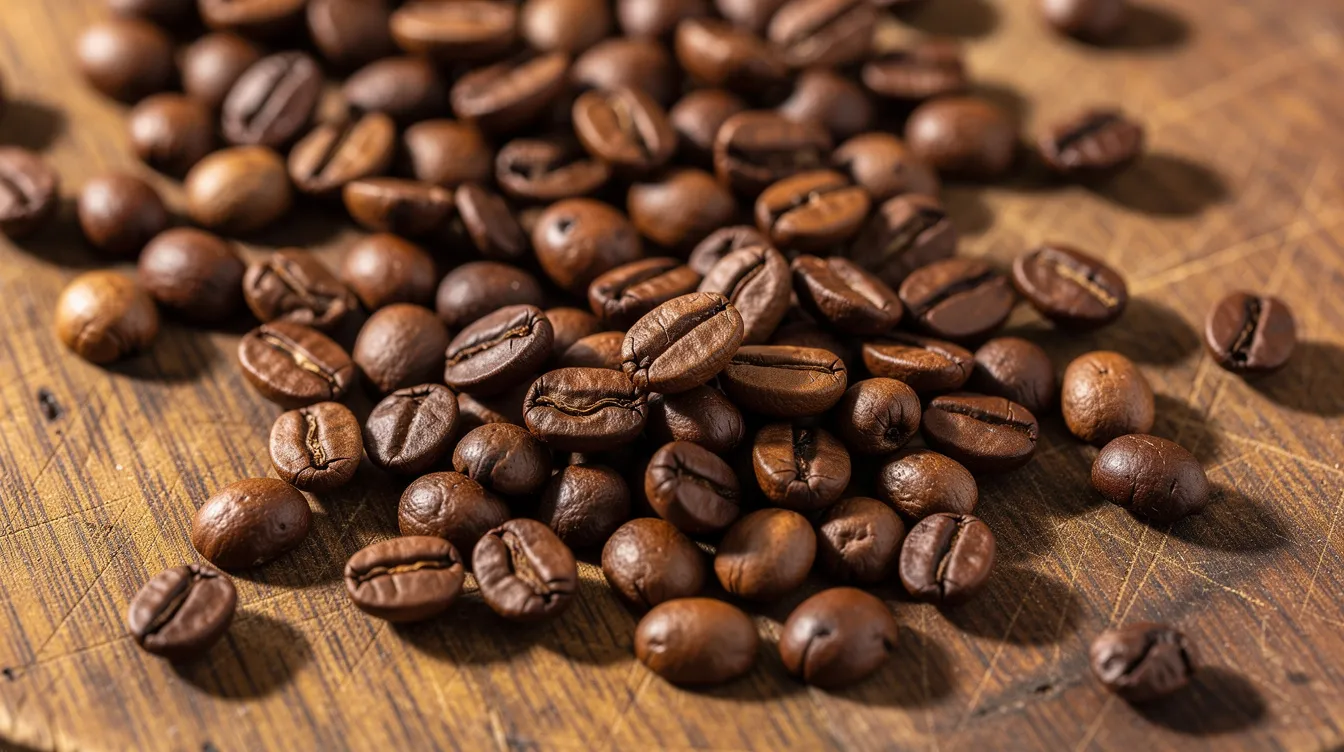 A close-up view of medium roast coffee beans scattered on a wooden cutting board, showcasing their rich brown color and dry matte surface, perfect for coffee enthusiasts seeking the best medium roast coffee in 2026. The image highlights the distinct textures and colors of roasted coffee beans, emphasizing their appeal for coffee drinkers.