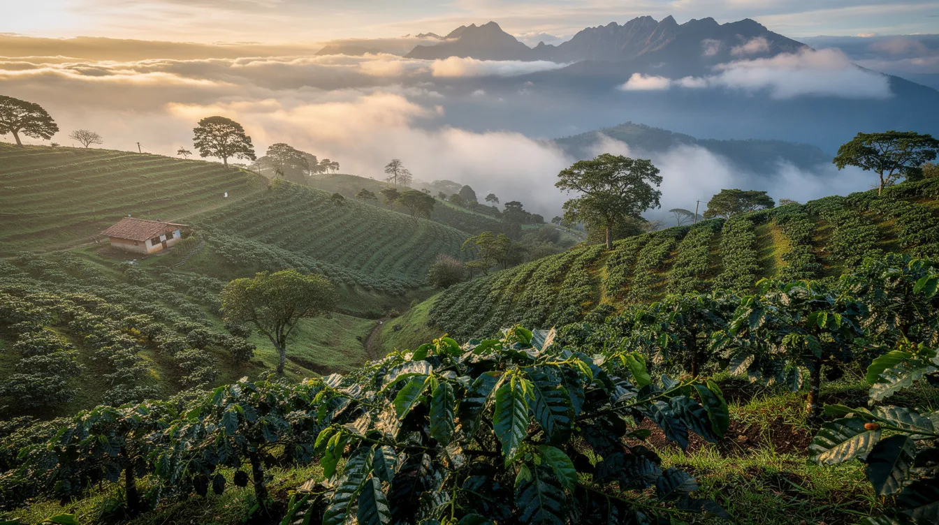 A lush, rolling coffee farm is set against a misty Colombian mountainside, with towering Andean peaks in the background. This picturesque scene highlights the perfect growing conditions for the best Colombian coffee beans, known for their rich flavor profile and bright acidity.