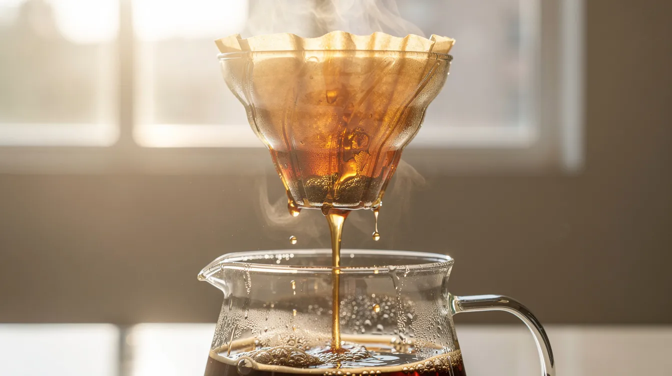A pour-over dripper is showcased with light amber coffee steadily dripping into a glass server, illuminated by bright natural light in the background, highlighting the rich aroma of freshly roasted coffee. This brewing method captures the essence of specialty coffee, perfect for those seeking a smooth and flavorful cup.