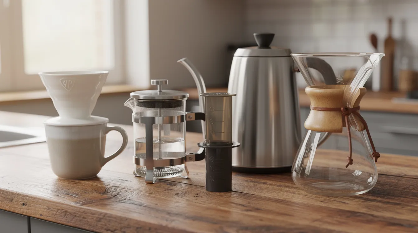 The image showcases a variety of manual coffee brewers, including a pour over dripper, French press, AeroPress, and a glass Chemex carafe, all elegantly arranged on a wooden countertop alongside a gooseneck kettle, perfect for coffee drinkers who appreciate the brewing process. This collection represents some of the best coffee makers for producing freshly brewed coffee at home.