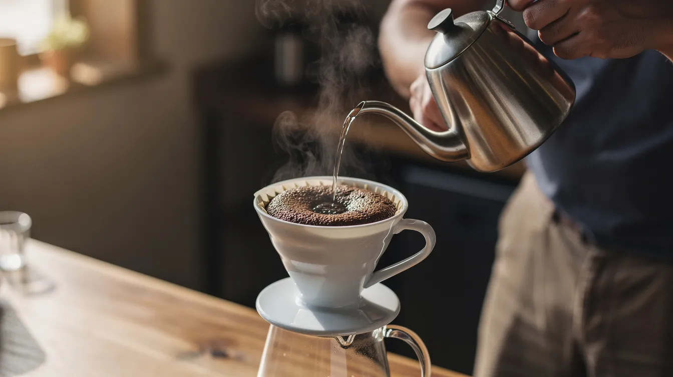 A pair of hands is pouring hot water from a narrow-spouted kettle into a ceramic cone dripper filled with freshly ground coffee, causing the coffee to bloom and release its natural oils. This manual home coffee brewing method highlights the delicate process of making a delicious cup of pour over coffee.