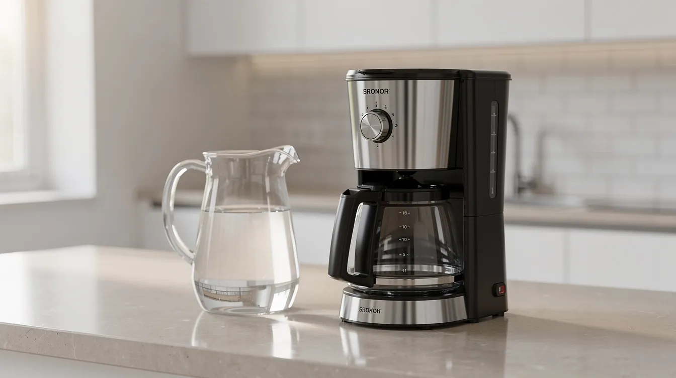 The image features a modern kitchen counter showcasing a sleek black and stainless steel coffee maker, designed for brewing delicious coffee, positioned next to a glass water pitcher. This stylish drip coffee maker, part of the OXO products line, is perfect for making good coffee with programmable options and a digital display.