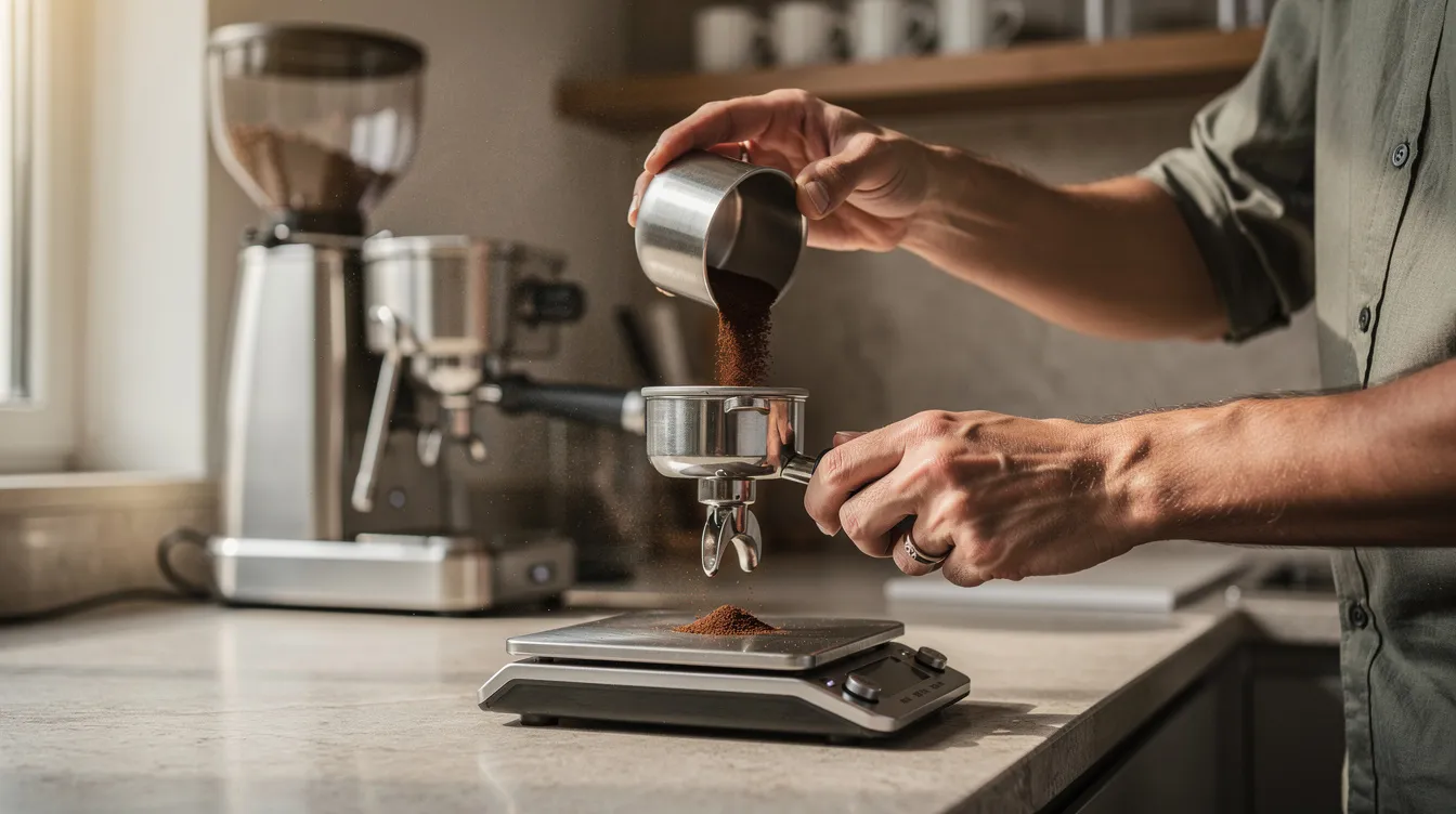 A home barista is carefully transferring ground coffee from a small dosing cup into the portafilter of an espresso machine on a kitchen counter, showcasing the precision required for achieving the perfect espresso shot. The scene highlights the use of an espresso grinder, likely a Baratza Encore ESP, emphasizing the importance of grind quality and settings for coffee lovers.