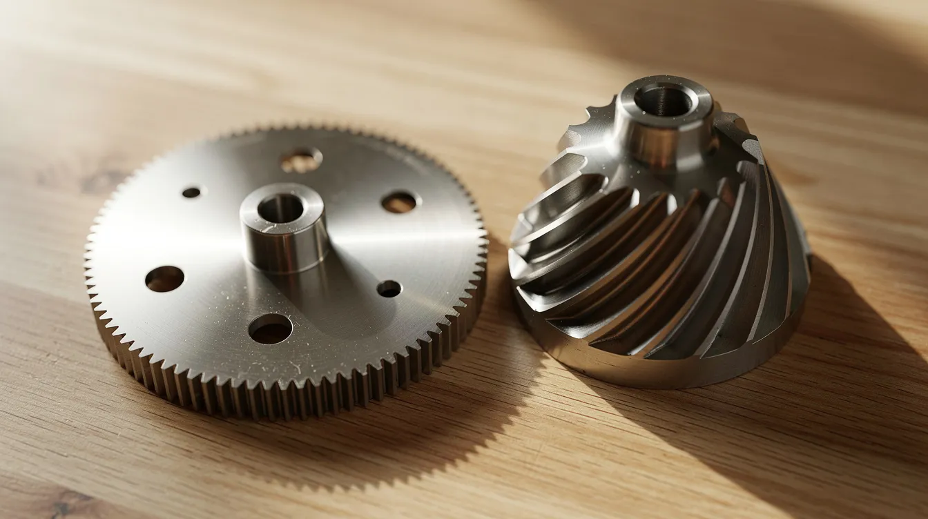 The image shows a close-up view of two distinct styles of metal coffee grinder burrs, one conical and one flat, placed on a wooden countertop. The conical burrs are typically cone-shaped, while the flat burrs feature a disc shape, highlighting the differences in burr types that affect grind consistency and coffee quality for enthusiasts.