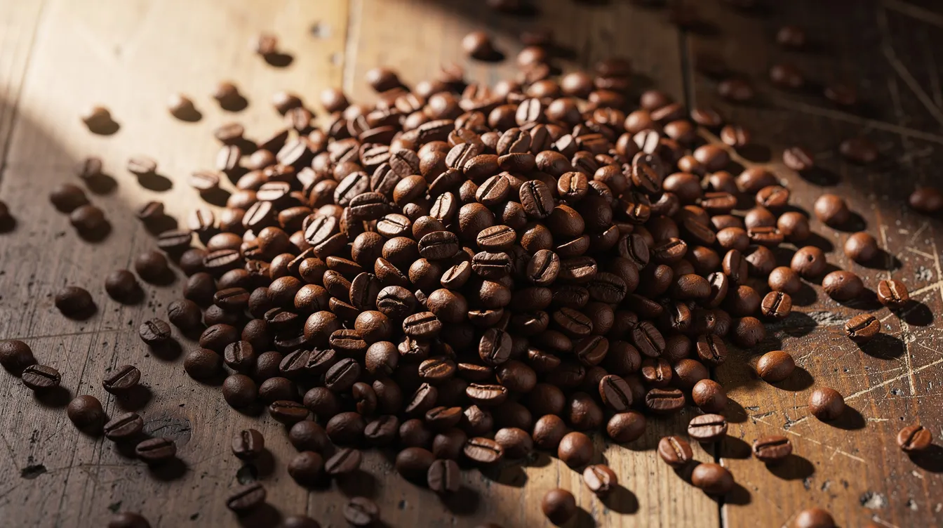 The image features freshly roasted whole coffee beans scattered across a rustic wooden surface, illuminated by warm natural lighting, highlighting their rich brown color and texture. This scene evokes the essence of specialty coffee, suggesting a focus on high-quality beans perfect for brewing methods like espresso or pour over.