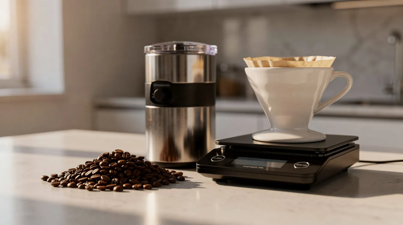 The image shows a coffee grinder placed next to whole coffee beans, a digital scale, and a cone pour-over dripper on a kitchen counter, creating an inviting setup for brewing the perfect cup of coffee. This setup highlights the importance of quality coffee and the different roast styles, emphasizing the coffee's freshness and flavor profile.