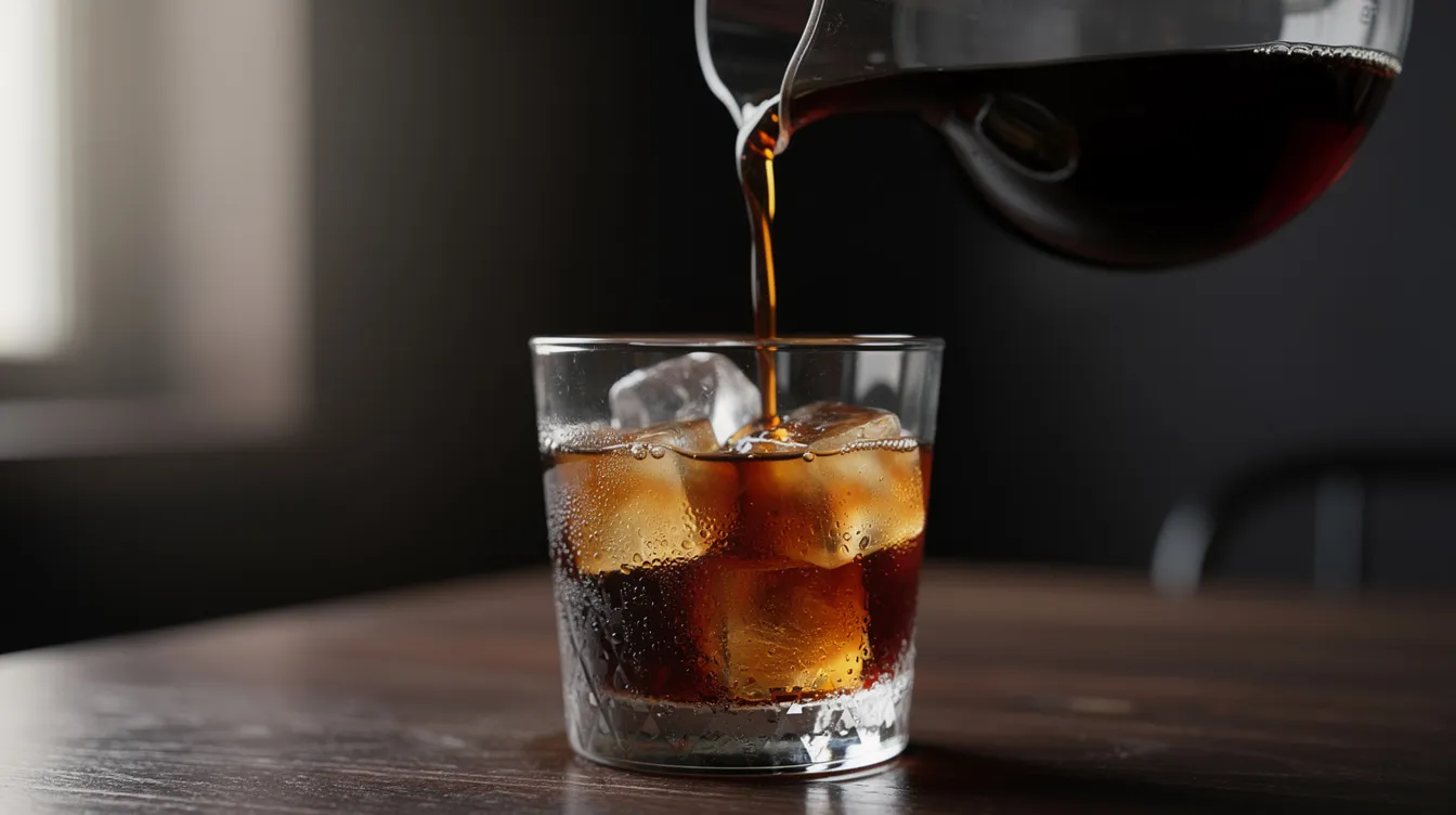 A close-up image shows dark cold brew coffee being elegantly poured from a borosilicate glass carafe into a tumbler filled with ice cubes, capturing the refreshing essence of iced coffee. The rich color and smooth texture of the cold brew concentrate highlight the brewing process, perfect for those seeking the best cold brew coffee experience.