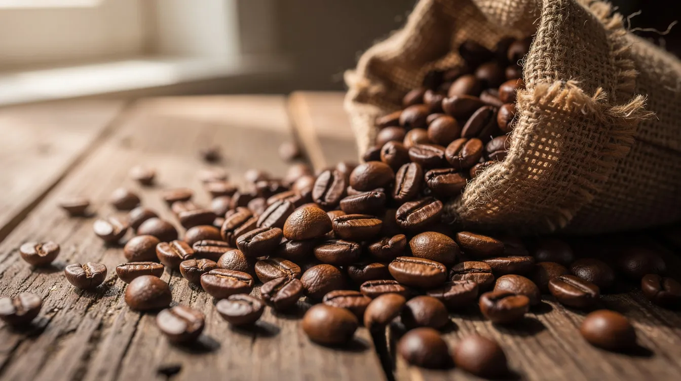 The image features a scattering of whole coffee beans across a rustic wooden table, accompanied by a small burlap sack, evoking the essence of freshly roasted coffee. This arrangement highlights the beauty of specialty coffee, appealing to coffee enthusiasts and lovers of great tasting coffee.