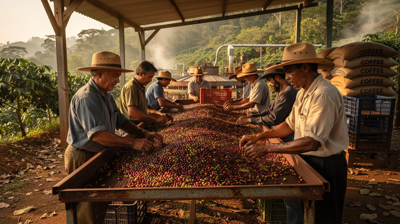 Coffee farmers are seen sorting freshly harvested coffee cherries at a cooperative processing station, highlighting the importance of fair trade coffee practices that ensure ethical sourcing and sustainable farming methods. This scene emphasizes the dedication of small-scale farmers to produce high-quality, organic coffee while adhering to fair trade standards.