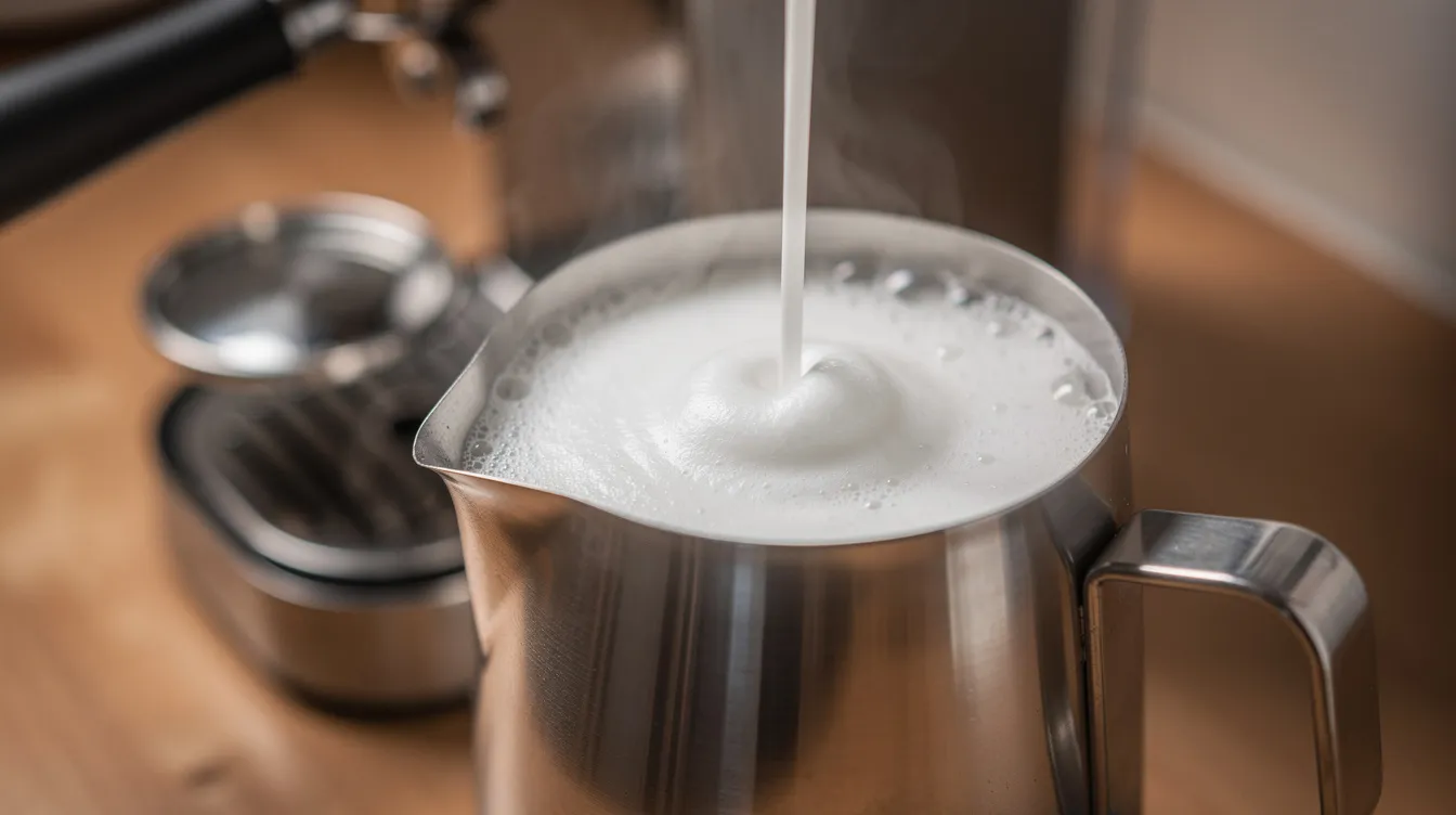A close-up image shows milk being steamed in a stainless steel pitcher, with microfoam swirling beautifully, near a compact espresso machine. The steam wand is actively frothing the milk, showcasing the process of creating latte art for an excellent espresso experience.