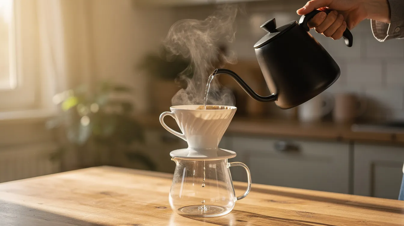 A person is pouring hot water from a gooseneck kettle into a ceramic pour-over dripper, with steam rising in the soft morning light, highlighting the ritual of brewing great coffee. This scene captures the essence of specialty coffee, appealing to coffee enthusiasts who appreciate freshly roasted beans and the intricacies of pour-over brewing.