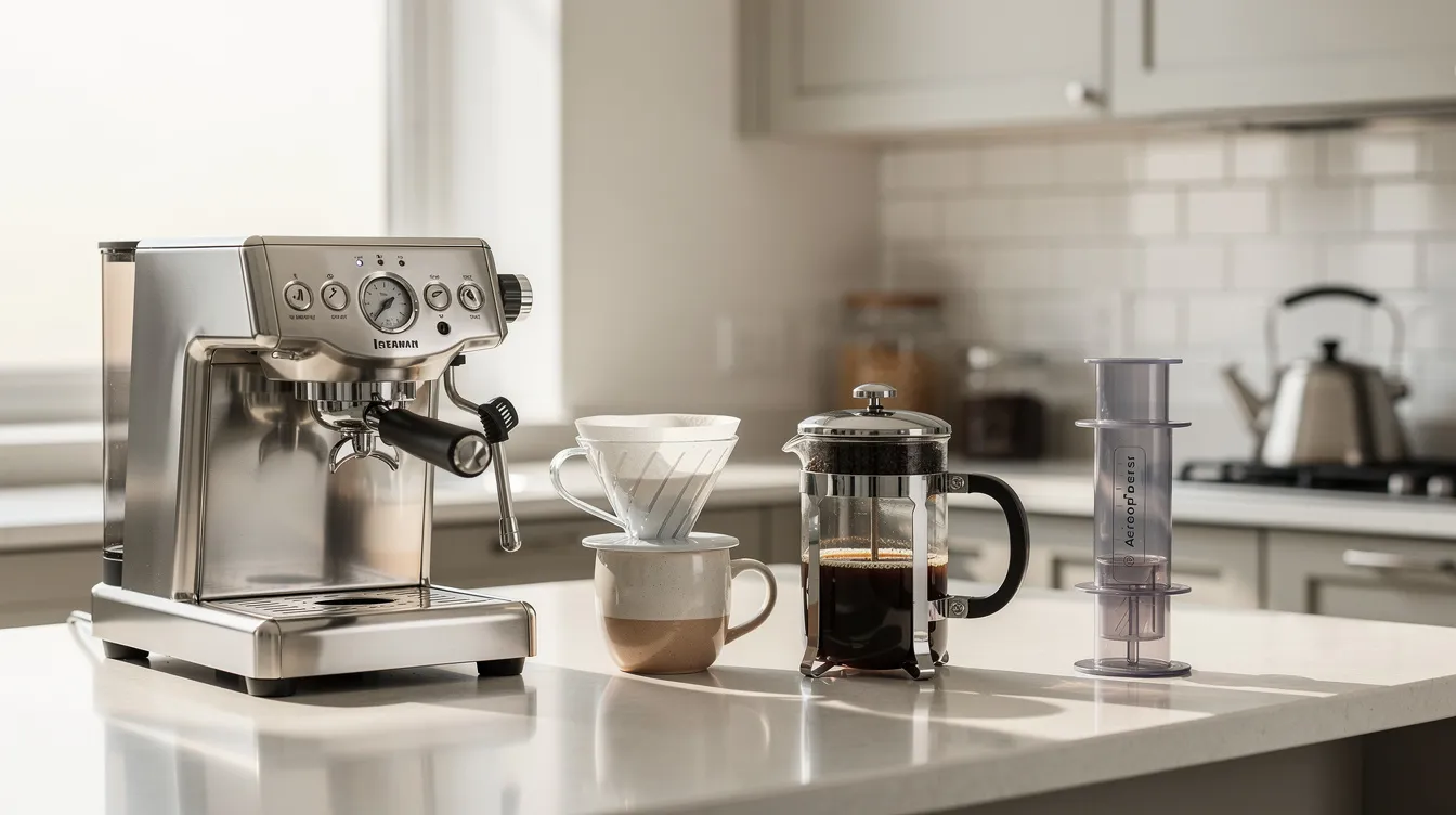 The image showcases a variety of coffee brewing devices, including an espresso machine, pour over dripper, French press, and Aeropress, all neatly arranged on a kitchen counter. These tools represent different brewing methods that coffee lovers can use to prepare their favorite Colombian and Brazilian coffee, highlighting the diversity of coffee production techniques.