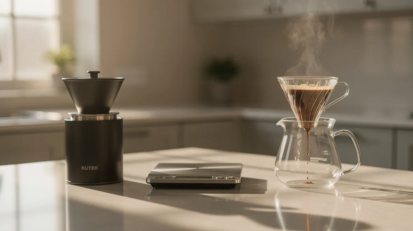 The image depicts a kitchen counter bathed in morning light, featuring a burr grinder, a digital scale, and a glass pour-over carafe mid-brew, suggesting a moment of brewing freshly roasted coffee. The scene captures the essence of a coffee drinker's ritual, with the aroma of coffee beans filling the air as the brew develops.