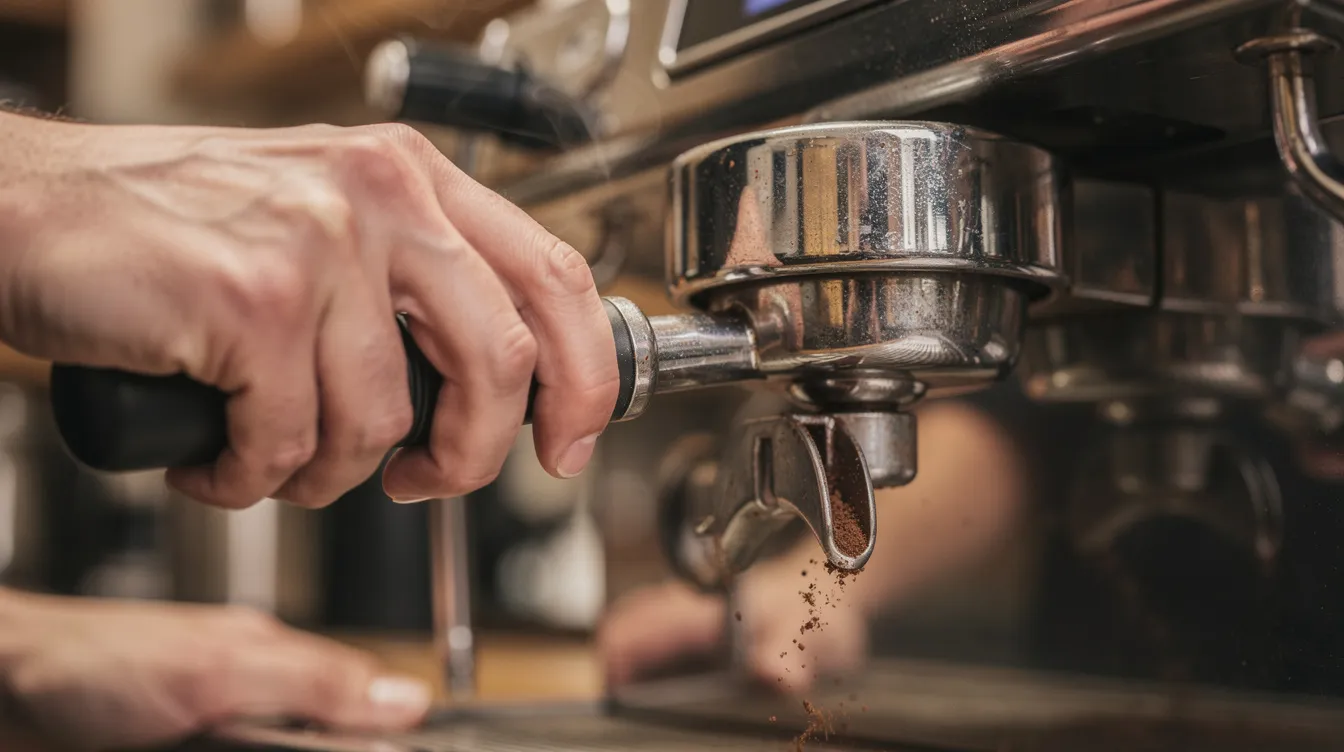 The image shows a close-up view of hands skillfully locking a portafilter into the group head of an espresso machine, highlighting the precision and technique essential for espresso extraction. This moment captures the essence of espresso lovers' passion for crafting cafe-quality espresso at home.