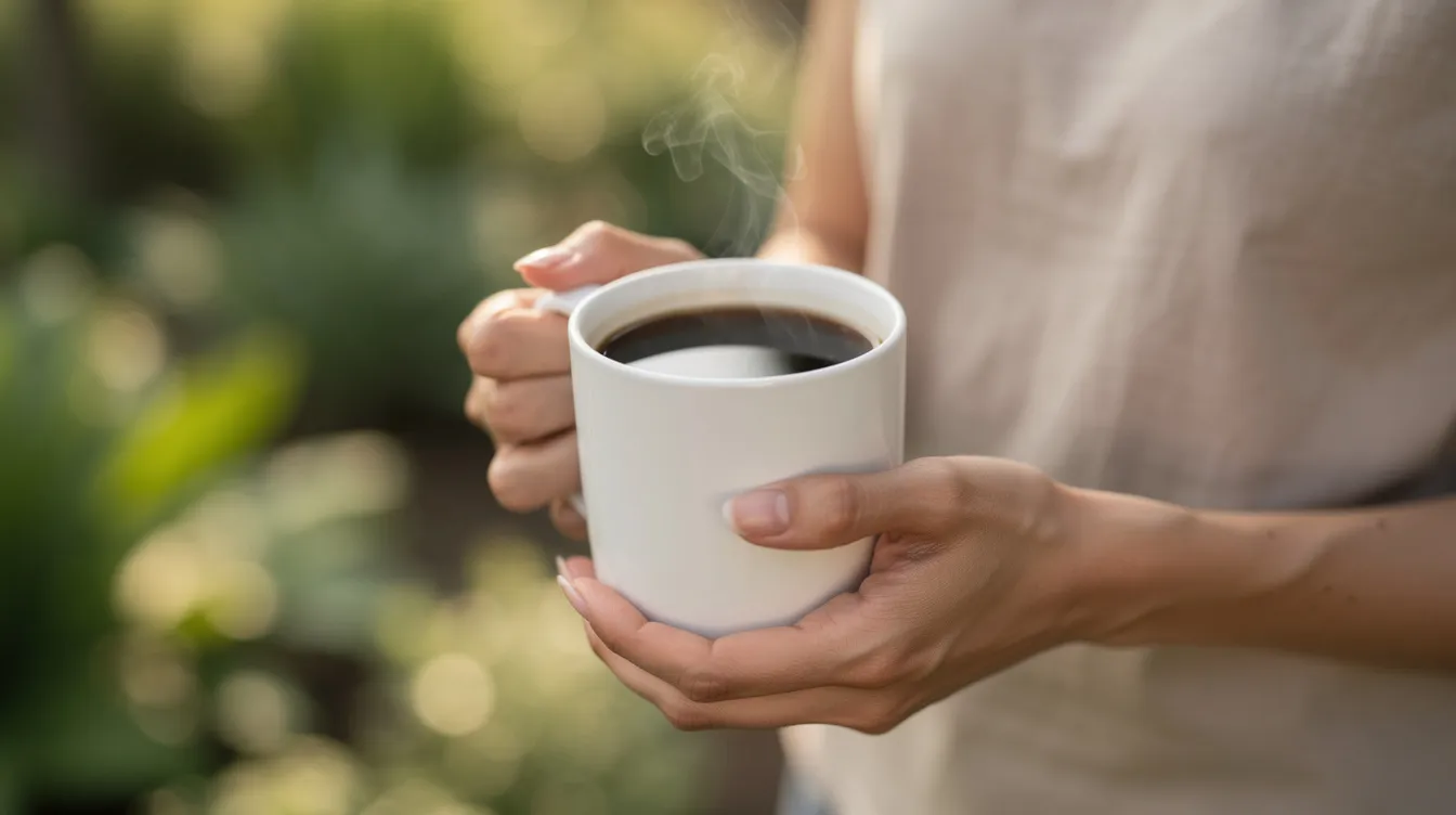 A person is holding a simple white mug filled with black coffee outdoors, surrounded by lush green foliage. The image captures the essence of enjoying a good cup of black coffee, perfect for coffee lovers who appreciate the smooth taste and nuanced flavors of freshly roasted beans.