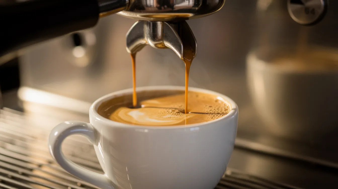 A close-up image captures the moment espresso is extracted from an espresso machine into a small ceramic espresso cup, showcasing a rich layer of golden crema forming on top. The scene highlights the brewing process, emphasizing the artistry of making a perfect cup of espresso.