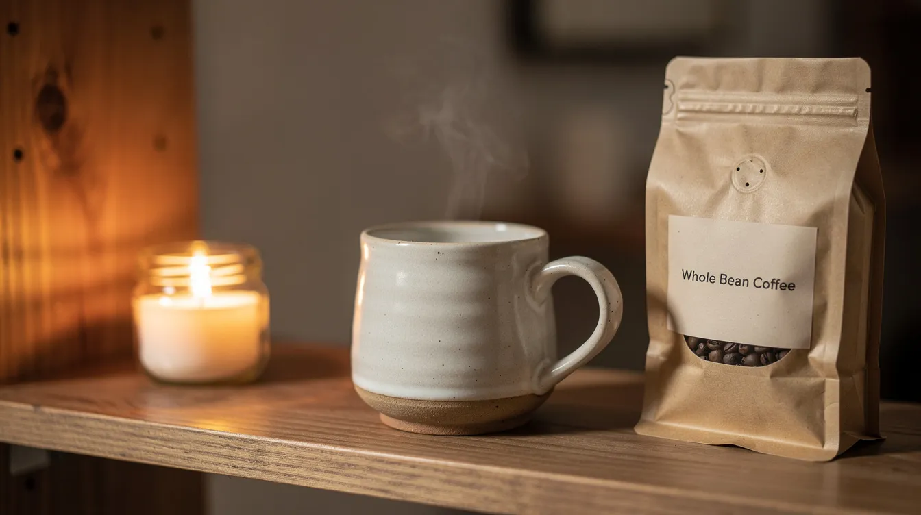 A cozy coffee corner features a lit candle, a ceramic mug, and a bag of whole bean coffee resting on a wooden shelf, perfect for any coffee lover. This inviting setup is ideal for enjoying hot coffee or exploring various coffee brew methods.