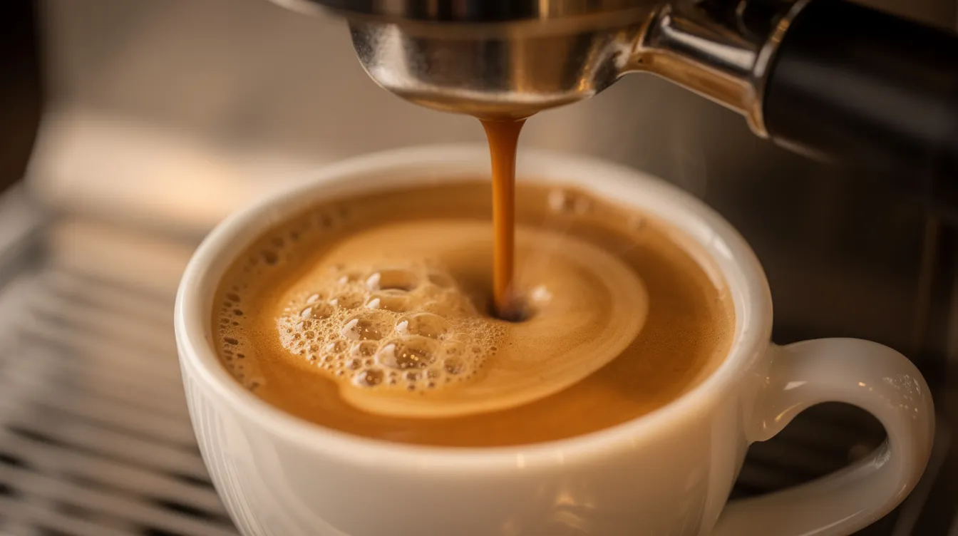 A close-up view captures a rich espresso shot being pulled into a small ceramic cup, with a layer of golden crema forming on top, showcasing the intense flavor and robust color typical of expertly brewed espresso. This image highlights the artistry of using an espresso machine to create a perfect cup of concentrated coffee.