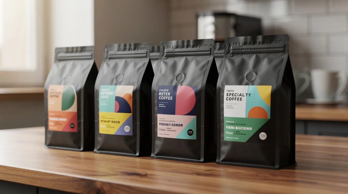 A vibrant display of specialty coffee bags featuring colorful labels is arranged neatly on a wooden kitchen counter, showcasing various roast levels including light, medium, and dark roast options. These bags represent a selection of decaf coffee and decaffeinated coffee choices, perfect for coffee lovers looking for the best decaf coffee subscription.