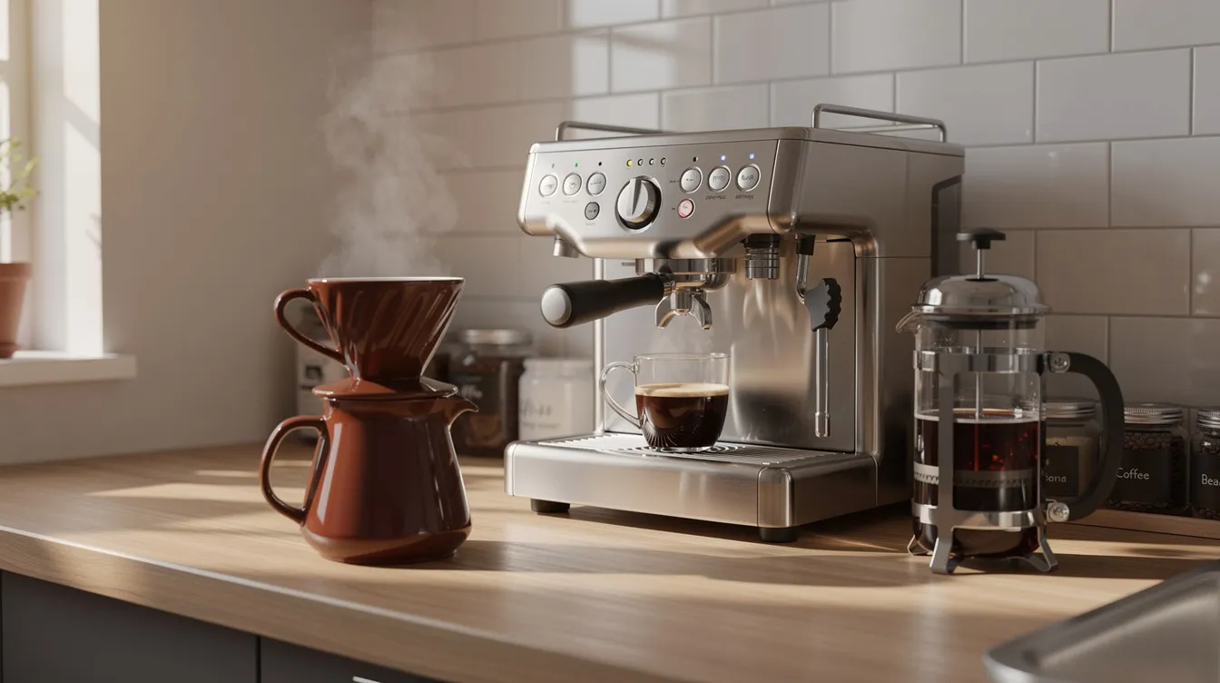 The image features an array of coffee brewing equipment, including a pour-over dripper, an espresso machine, and a French press, all neatly arranged on a kitchen counter. This setup highlights various brew methods, showcasing essential tools for coffee enthusiasts looking to explore different grind settings and achieve great coffee quality.