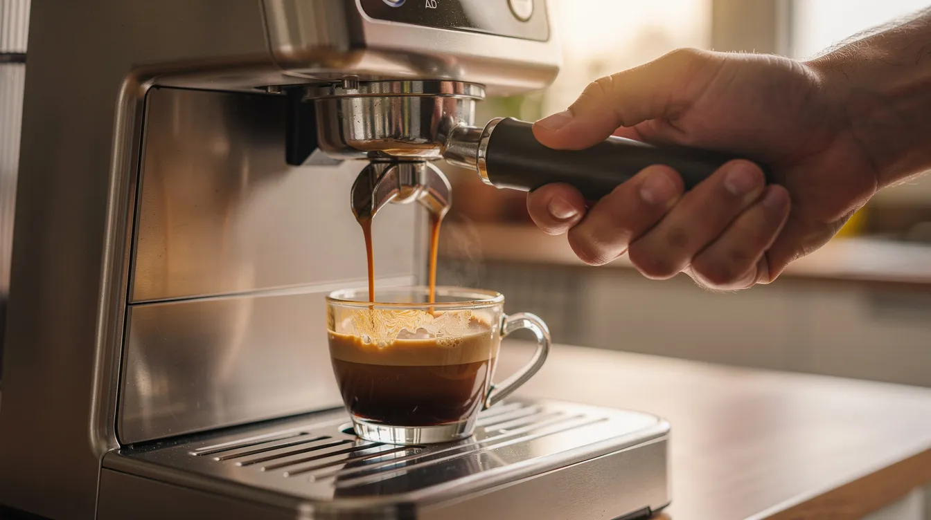 A person is pulling a double shot of espresso at home using a manual espresso machine, with rich golden crema forming beautifully in a clear glass cup. The scene captures the brewing process, highlighting the artistry of making delicious espresso shots in a cozy kitchen setting.